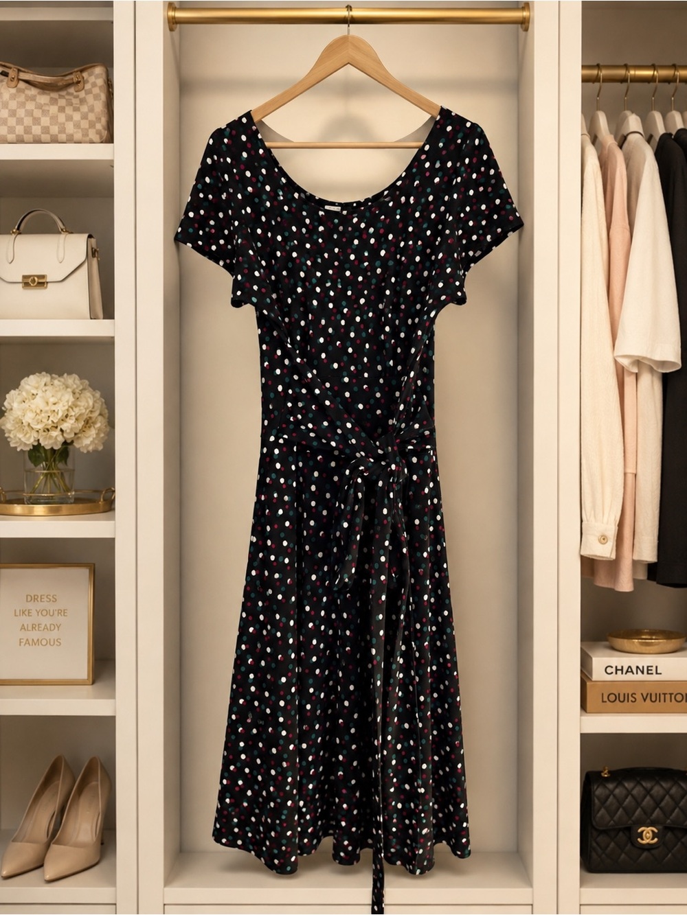 Leota Wrap Dress Size M Black Confetti Dot Print Stretch Tie Waist